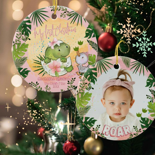 Personalised Dino 'My First Christmas' Photo  Ceramic Tree Decoration (Personalized Dino 'My First Christmas' Photo Ceramic Ornament)