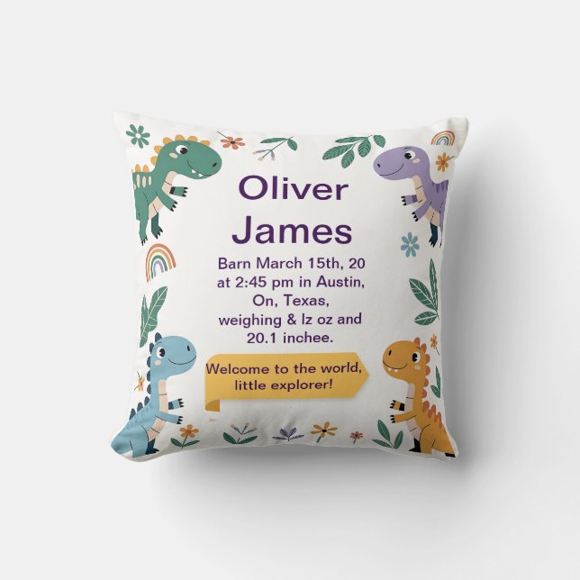 Personalised Dinosaur Birth Stats Birthday Pillow (Front)