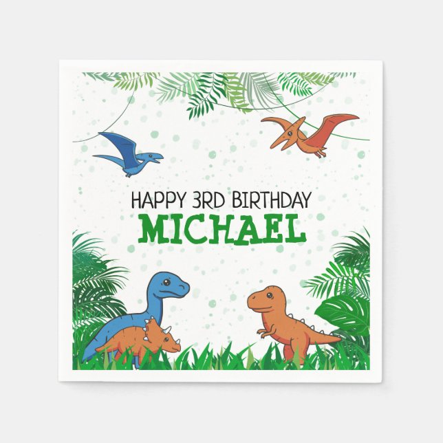 Personalised Dinosaur Birthday Kids Jurassic Trex Napkin (Front)