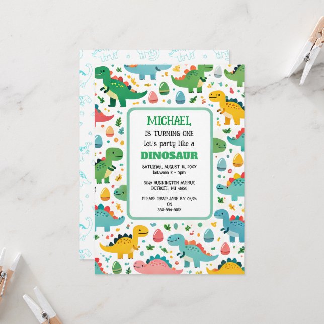 Personalised Dinosaur Birthday Party Invitation (Front/Back In Situ)