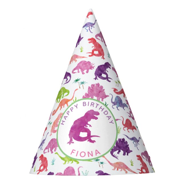 Personalised Dinosaur Birthday Party Pattern Pink Party Hat (Front)