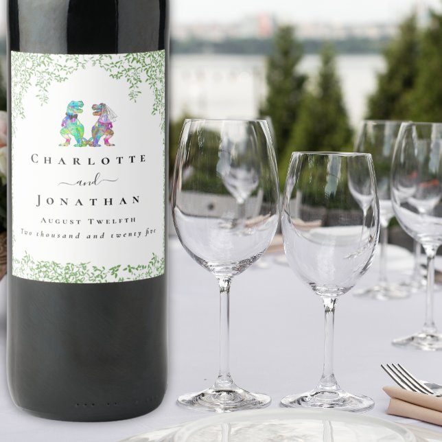 Personalised Dinosaur Bride & Groom Wedding Wine Label (T-Rex bride and groom dinosaur wedding colorful  custom wine labels watercolor foliage)