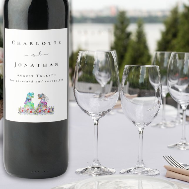 Personalised Dinosaur Bride & Groom Wedding Wine Label (Personalized T-Rex bride and groom dinosaur wedding colorful wildflower wine labels)