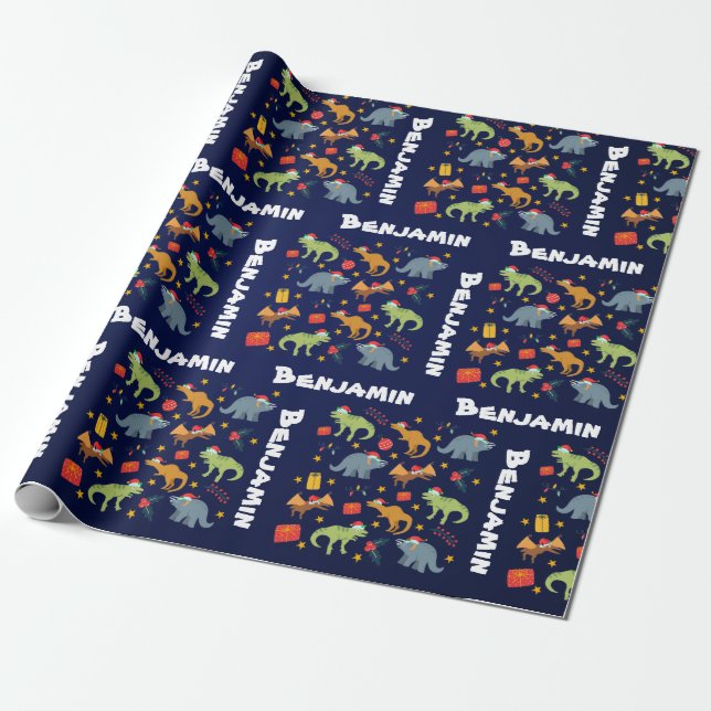 Personalised Dinosaur Christmas Santa Hat Pattern Wrapping Paper (Unrolled)
