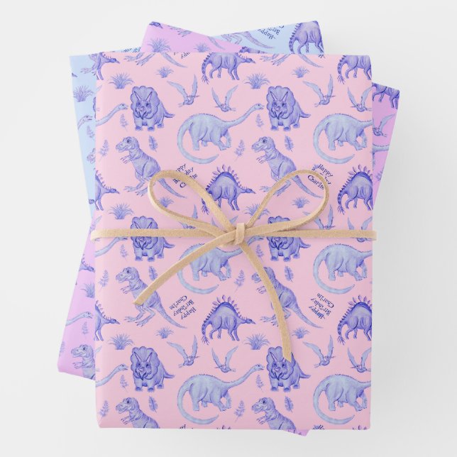 Personalised Dinosaur Gift Wrap In Three Colours (In situ)