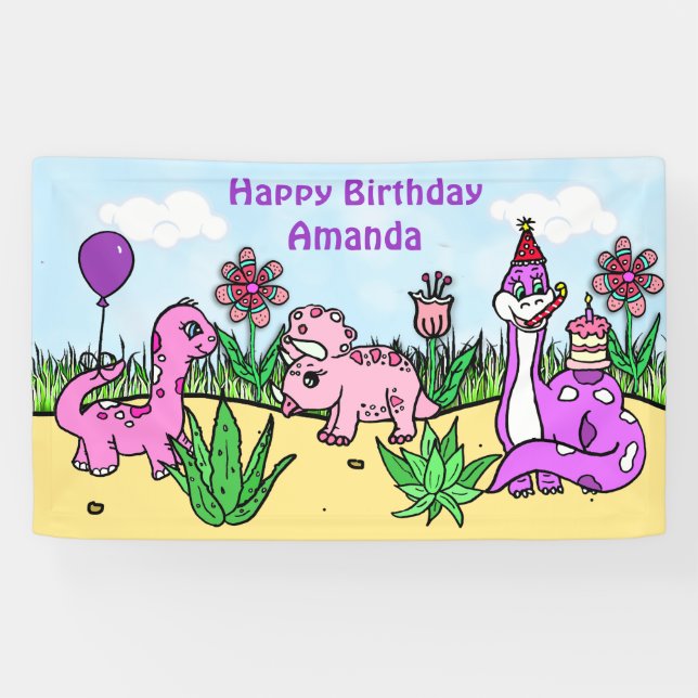 Personalised Dinosaur Girl's Birthday Party Banner (Horizontal)