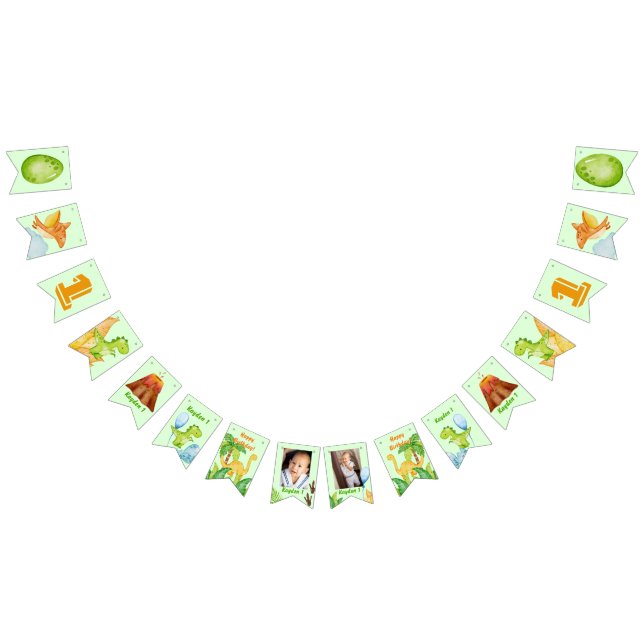 Personalised dinosaur green with 2 photos  bunting  (All)