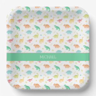 Personalised Dinosaur Paper Plate – Green Blue 
