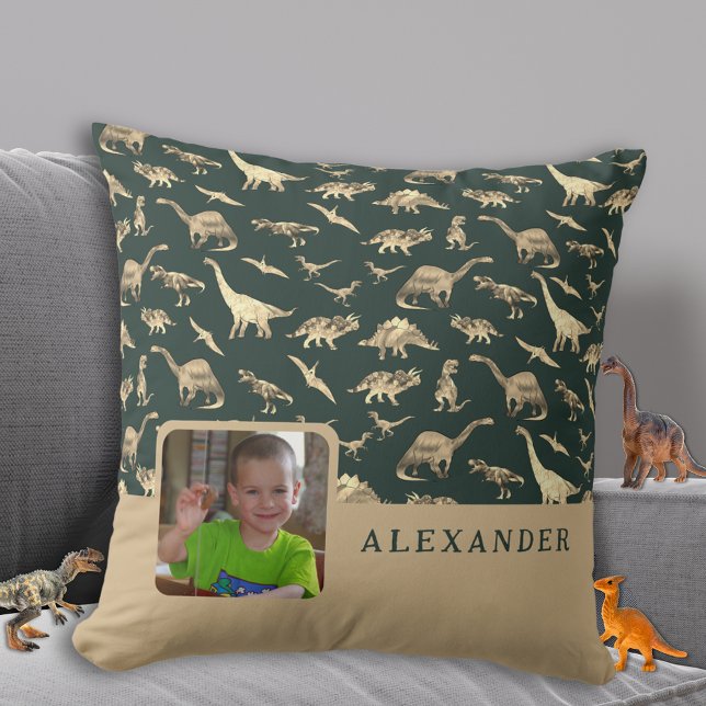 Personalised Dinosaur Photo Name Green Cushion (Dinosaur pattern personalized kids photo and name dark green & khaki brown kids dino bedroom pillow)