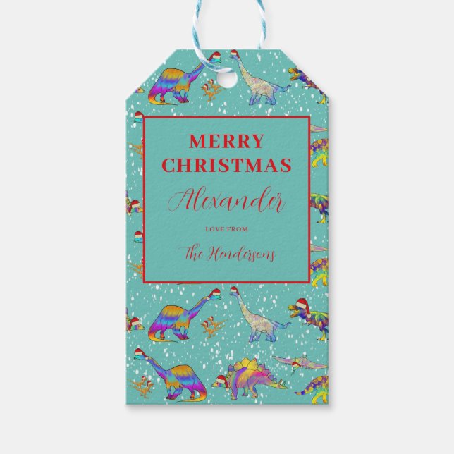 Personalised Dinosaur Santa Christmas Gift Tags (Front)