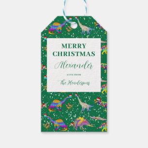 Personalised Dinosaur Santa Green Christmas Gift Tags