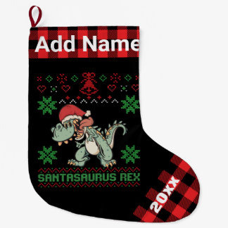Personalised Dinosaur Santasaurus Rex Ugly Xmas Large Christmas Stocking