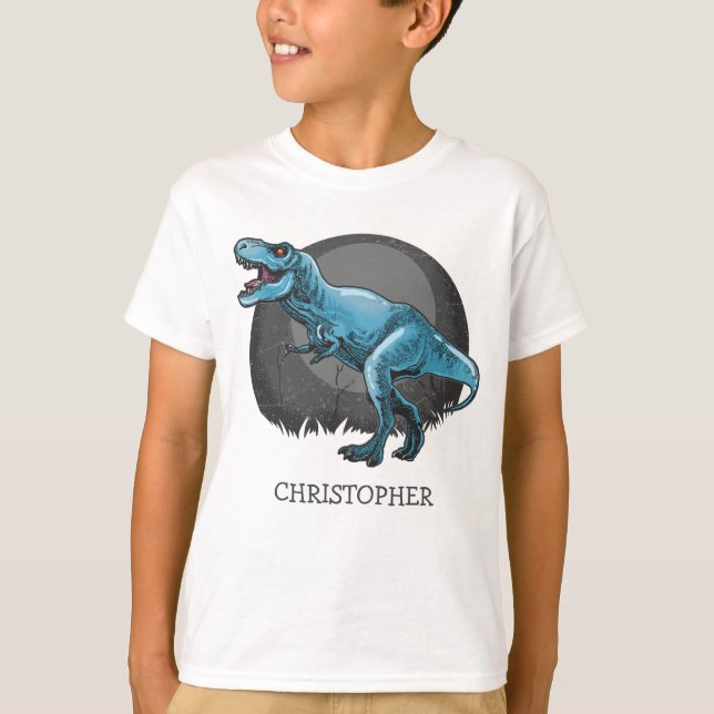 Personalised dinosaur t-rex gift for boy blue T-Shirt (Front)