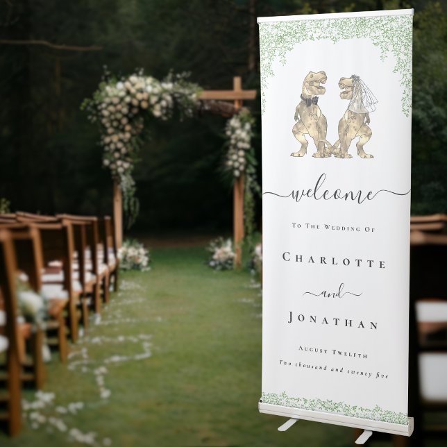 Personalised Dinosaur Wedding Welcome Sign (Personalized Dinosaur theme wedding welcome sign retractable banner Watercolor Foliage)