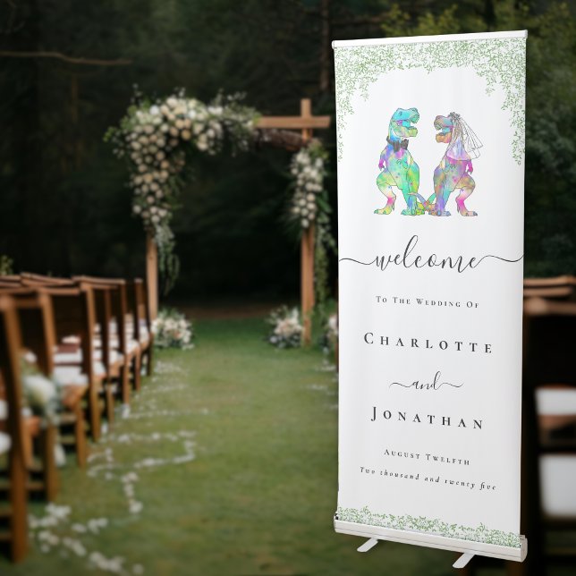 Personalised Dinosaur Wedding Welcome Sign (Funny Dinosaur T-Rex bride and groom custom wedding welcome banner Watercolor foliage)