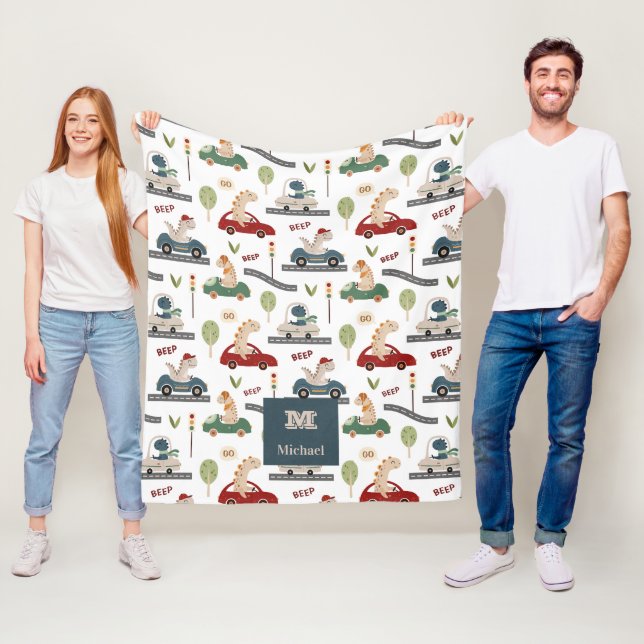 Personalised Dinosaurs Driving in Traffic Tales Fleece Blanket (In Situ)