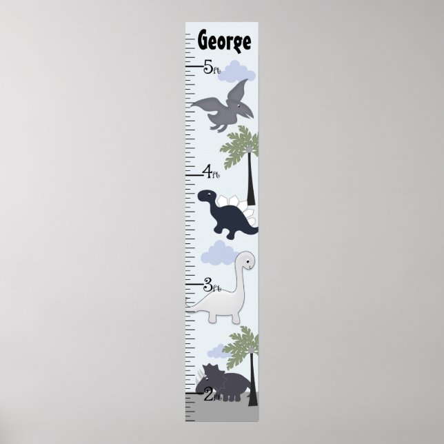 Personalised Dinosaurs Grey/Blue Growth Chart (Front)