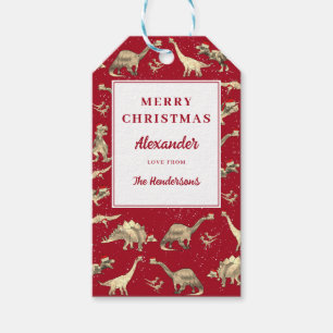 Personalised Dinosaurs in the Snow Red Christmas Gift Tags