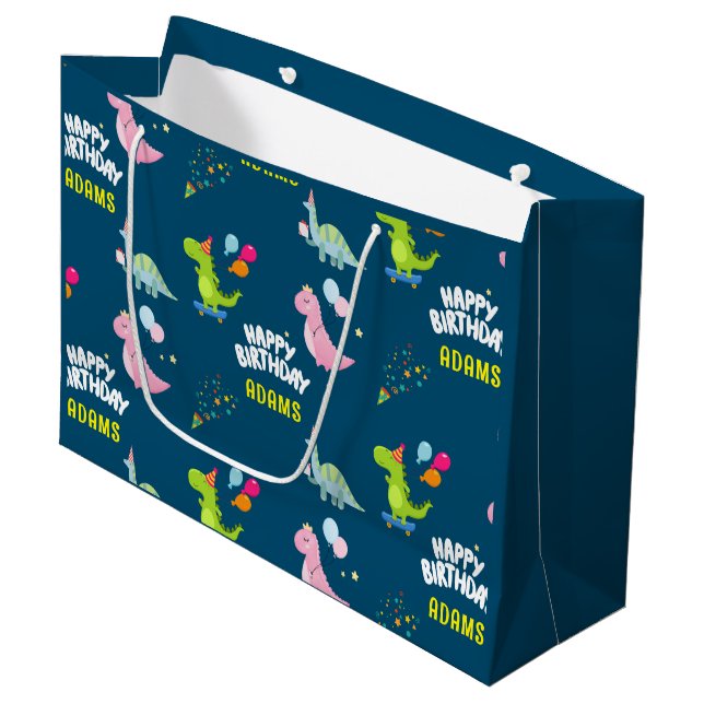 Personalised Dinosaurs kids Birthday Large Gift Bag (Front Angled)