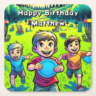 Personalised Disc Golf Boy's Birthday Square Paper Coaster