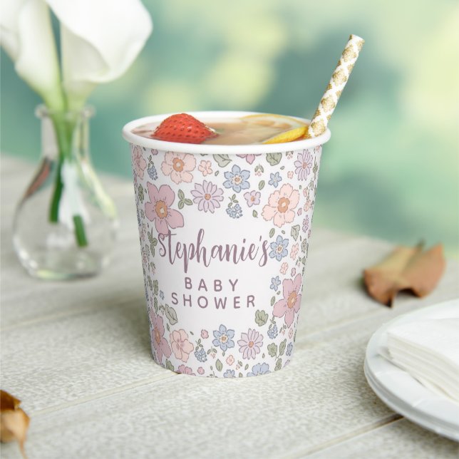 Personalised Ditsy Floral Baby Shower Paper Cups (Insitu)