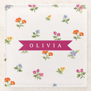 Personalised Ditsy Floral Cottagecore Wildflower Glass Coaster