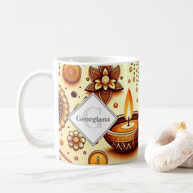 Personalised Diwali Diyas & Rangoli Bronze & Gold Coffee Mug (With Donut)