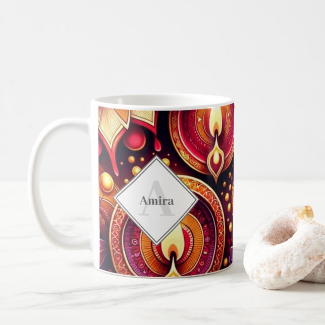 Personalised Diwali Purple and Red Diyas & Rangoli Coffee Mug (With Donut)