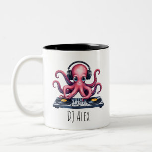 Personalised DJ Octopus Mug, Cute Music Lover Cof Two-Tone Coffee Mug