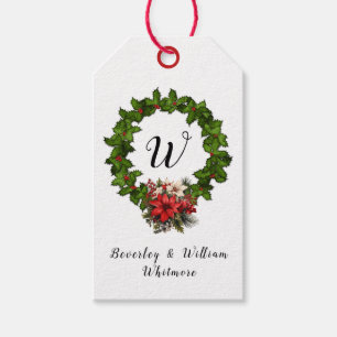 Personalised Dk Green Wreath with Red Flowered Bow Gift Tags
