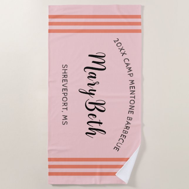 Personalised Dk Peach-Stripes Black Pink Beach Towel (Front)