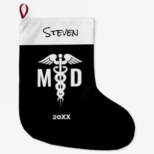 Personalised Doctor MD Caduceus Symbol Black White Large Christmas Stocking