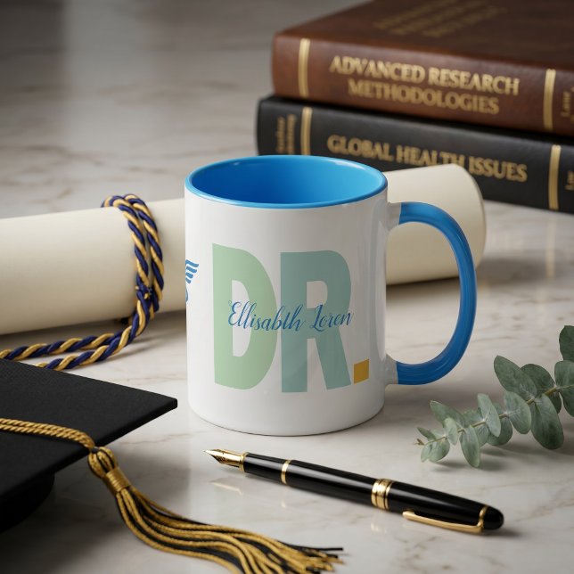 Personalised Doctor PhD Graduation Mug  (Personalized Doctor PhD Graduation Mug - Custom Two-Tone Dusty Green Coffee Cup with DR. & Family Na)