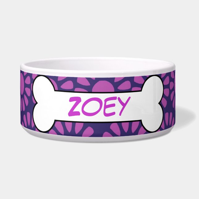 Personalised Dog Bone Ceramic Pet Bowl Purple (Front)