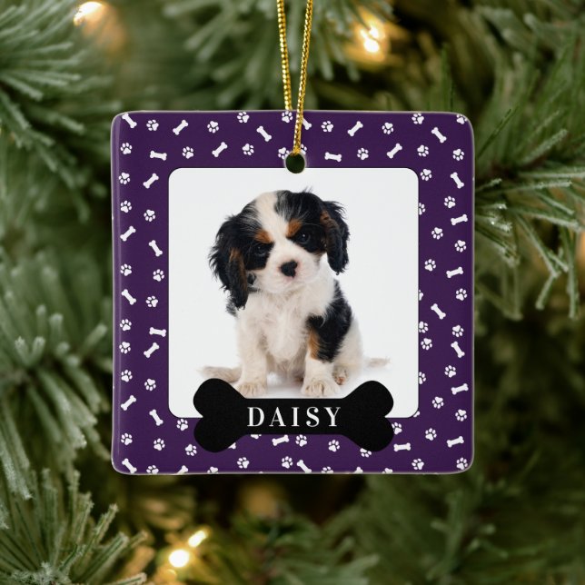 Personalised Dog Bone & Pawprint Holiday Photo Pet Ceramic Ornament (Tree)