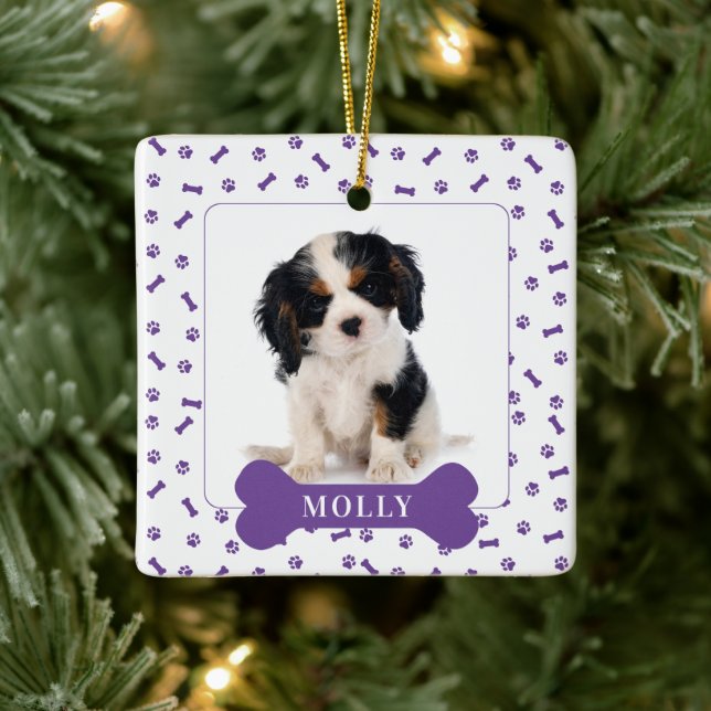 Personalised Dog Bone & Pawprint Holiday Photo Pet Ceramic Ornament (Tree)