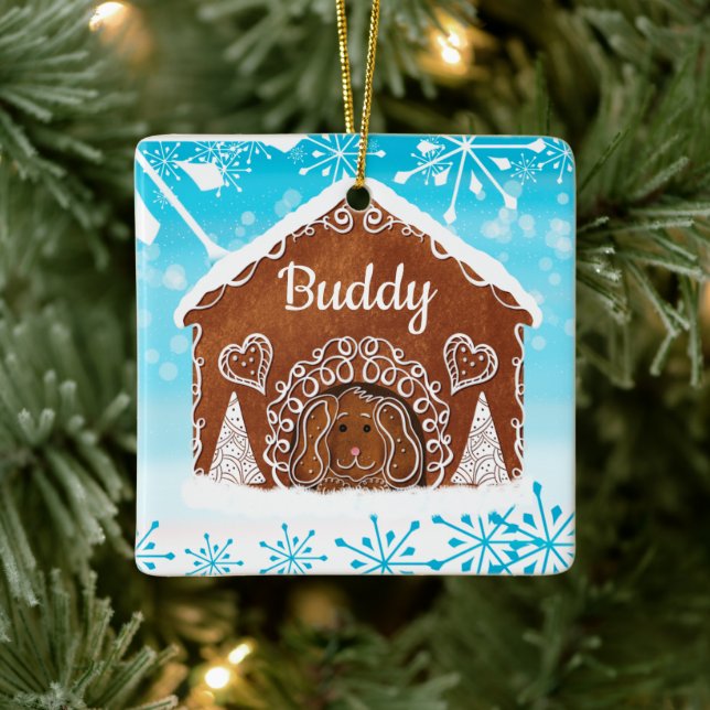 Personalised Dog Gingerbread Dog House Ceramic Ornament (Tree)