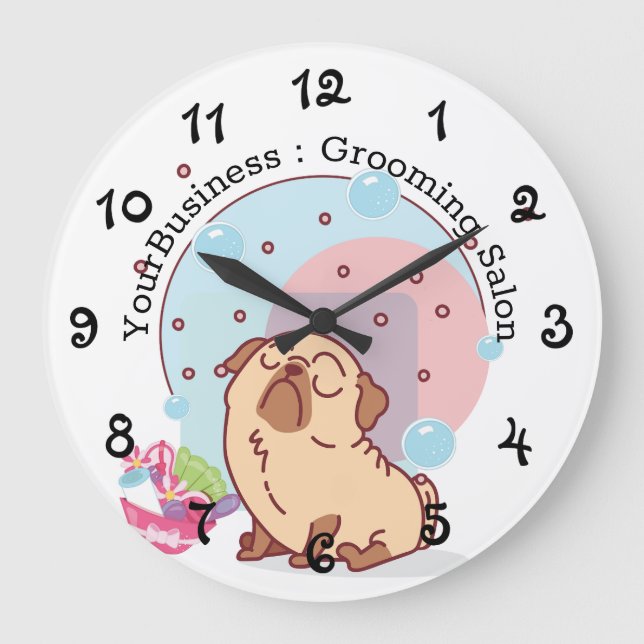 Personalised Dog Grooming Salon Pug And Bubbles Large Clock (Front)