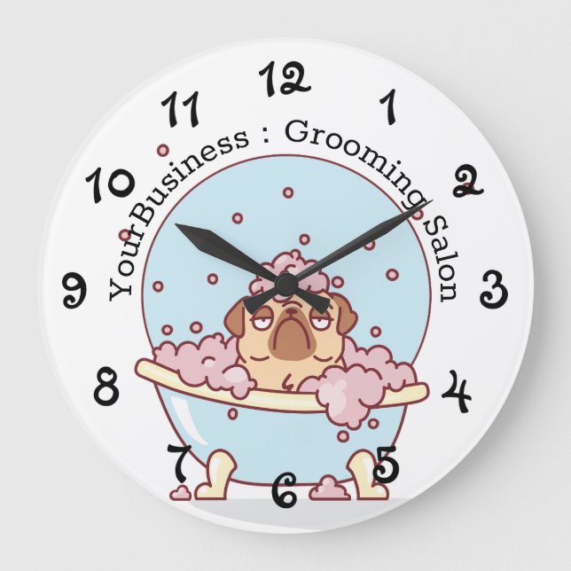 Personalised Dog Grooming Salon Pug In Bath Large Clock (Front)