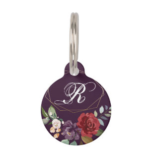 Personalised Dog ID Tag Plum Purple Roses Gold Geo