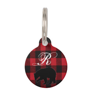 Personalised Dog ID Tag Red Buffalo Plaid Bear Bla