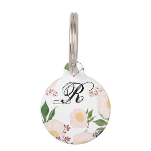 Personalised Dog ID Tag White Floral Flowers on Wh