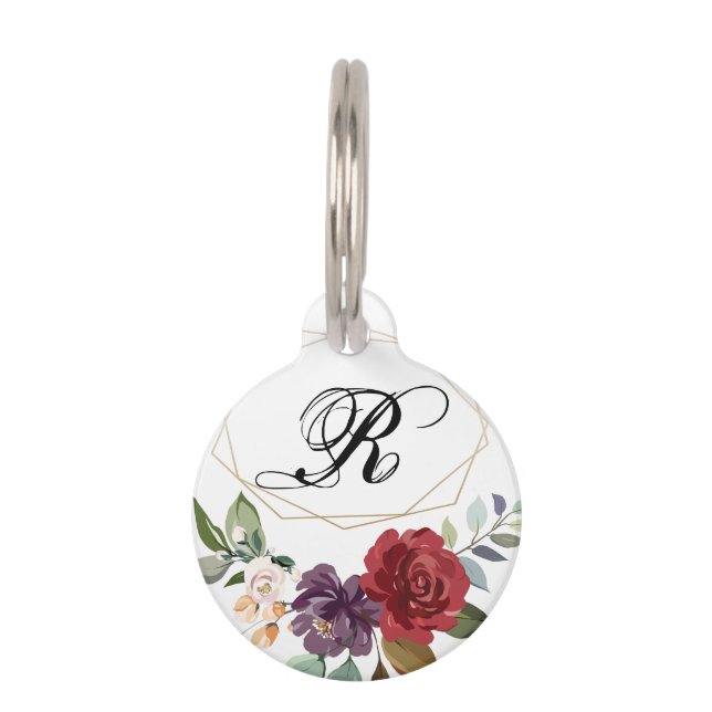 Personalised Dog ID Tag White Roses Gold Geo (Front)