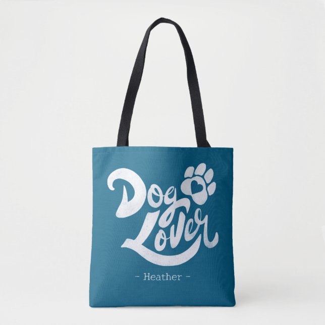Personalised Dog Lover Hand-Lettered Ocean Blue Tote Bag (Front)