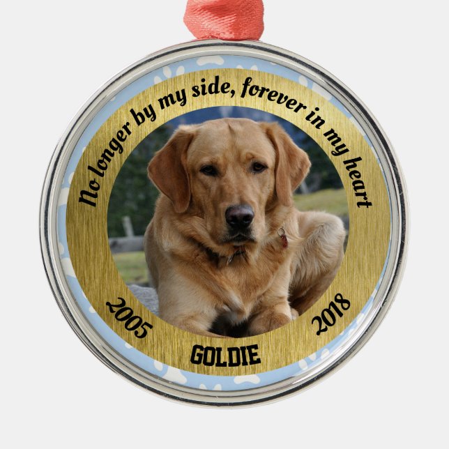 Personalised Dog Memorial Blue And Gold Christmas Metal Tree Decoration (Front)