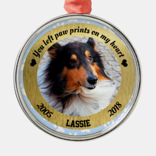 Personalised Dog Memorial Blue And Gold Christmas Metal Tree Decoration