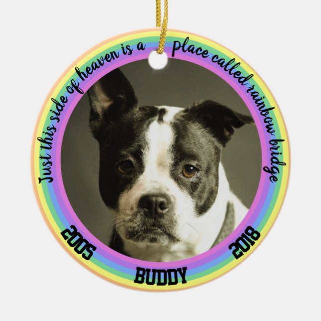 Personalised Dog Memorial Rainbow Bridge Christmas Ceramic Tree Decoration (Front)