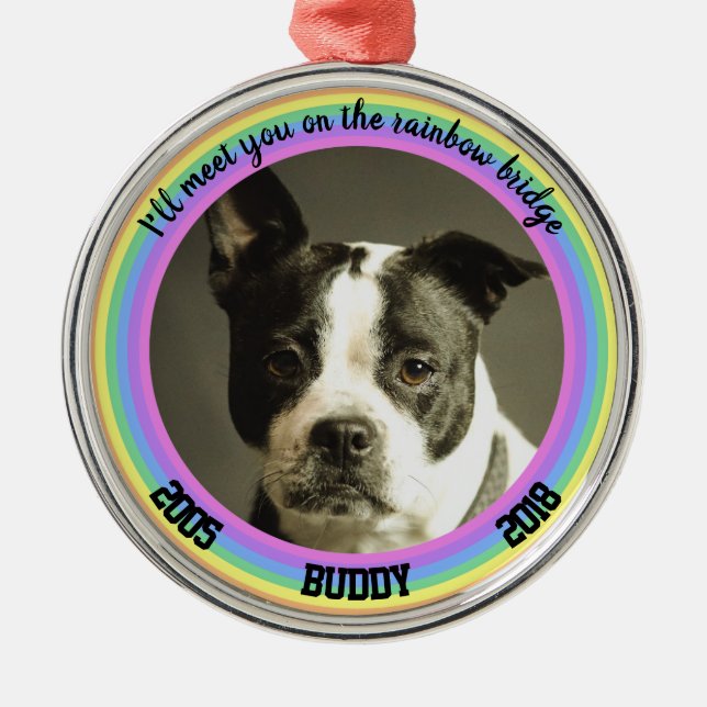 Personalised Dog Memorial Rainbow Bridge Christmas Metal Tree Decoration (Front)