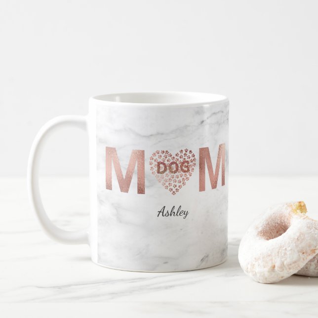 Personalised Dog Mum Rose Gold Paw Prints Heart Coffee Mug (With Donut)