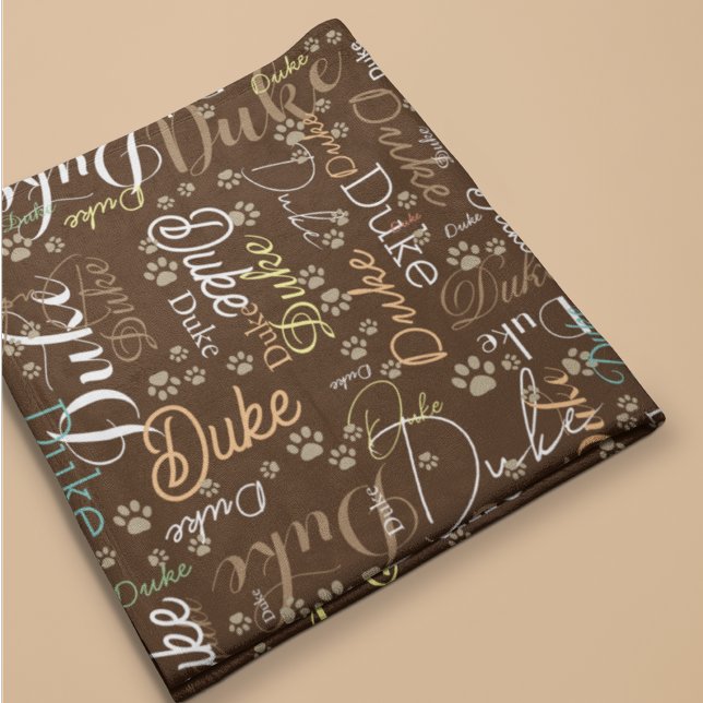 Personalised Dog Name and Paws all over brown Fleece Blanket (Creator Uploaded)